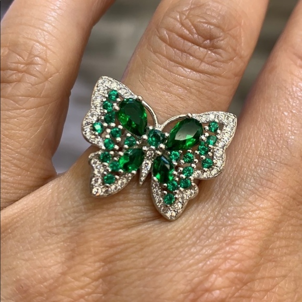 New Sterling silver Butterfly Green CZ Ring